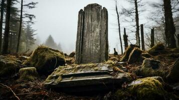 A lone tombstone stands silently in the middle of a foggy forest, surrounded by a towering sky of trees and rocks that evoke a mysterious and wild atmosphere of nature, AI Generative photo