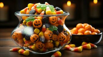 On a wooden table, a bowl of brightly-colored candy illuminated by the warm light of an orange candle creates a festive atmosphere for a halloween celebration, AI Generative photo