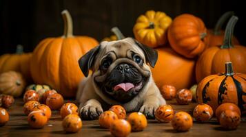 en un crujiente otoño día, un adorable cachorro mentiras pacíficamente rodeado por vibrante naranja calabazas, simbolizando el calor de el temporada y recordando nosotros de el belleza de de la naturaleza generosidad, ai generativo foto