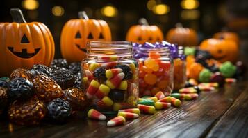 A group of jars of halloween candy, AI Generative photo