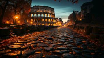 Under the night sky, a stone road leads to a grand, illuminated circular building surrounded by lush trees and a breathtaking sunset, creating a magical and peaceful landscape, AI Generative photo