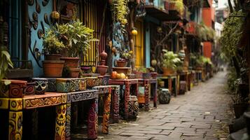 Amidst a vibrant urban street, a row of colorful tables adorned with outdoor flowerpots and houseplants bring a touch of nature and joy to the city, AI Generative photo