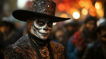 un solitario hombre vistiendo un vibrante y intrincado mascarada soportes en el calle, un misterioso figura vestido en un caleidoscopio de colores, ai generativo foto