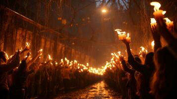 On a warm summer night, a group of people lit up the darkness with flickering flames, their candles held aloft in a beautiful display of solidarity, AI Generative photo