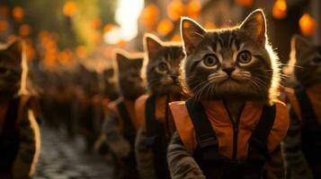 A playful group of felidae kittens in vibrant orange vests prance around outside, their curious whiskers twitching with excitement as they explore the wonders of the great outdoors, AI Generative photo