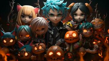 A playful group of spooky cartoon characters, their mischievous faces illuminated by the eerie glow of jack-o-lanterns, bring a touch of halloween magic to any toy shelf, AI Generative photo