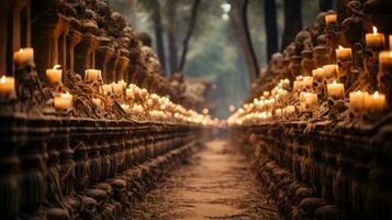 The flickering light of the outdoor candles lined up on the ground illuminated the night sky with a warmth and serenity that created an atmosphere of calm, AI Generative photo