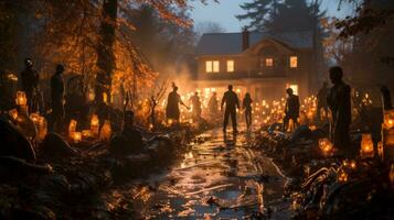 As the sun sets, a group of zombies walk down the outdoor path surrounded by trees and a house, with a firefighter standing watch and a crackling fire illuminating the evening, AI Generative photo