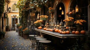 A vibrant autumn scene of a stone city street featuring a table adorned with pumpkins and flowers, creating a beautiful yet welcoming atmosphere, AI Generative photo