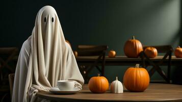 A ghost draped in a vibrant garment sits at a cozy table surrounded by autumnal pumpkins, embodying the festive spirit of halloween and the comforting warmth of food, AI Generative photo