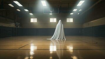 The ghost in a white robe stands beneath a hall of art and light, their silhouette starkly contrasted against the indoor basketball court's floor and ceiling, AI Generative photo