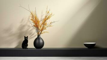 A black cat sitting next to a vase with yellow flowers, AI Generative photo