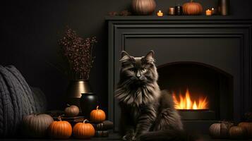 On halloween night, a furry pumpkin-colored cat relaxes in front of a cozy fire, basking in the warmth and comfort of its indoor home, AI Generative photo