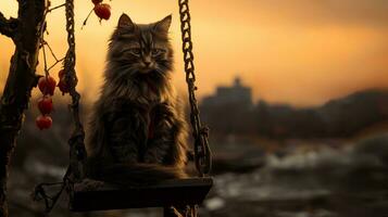 On a sunny day, a curious kitten perches on a swing, its soft fur illuminated by the bright sky as it basks in the freedom of the great outdoors, AI Generative photo