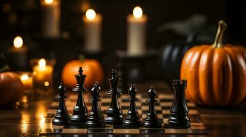 A chess board with a chess set and pumpkins, AI Generative photo