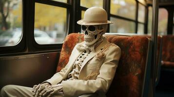 A lonely skeleton, dressed in a formal suit and hat, sits inside a bus, peering out the window at the world beyond with an enigmatic gaze, their sunglasses hiding their secrets, AI Generative photo