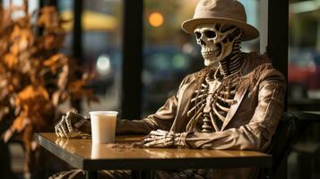 On a quiet street, an unexpected figure of a skeleton sits outdoors at a wooden table, coffee cup in hand, a hint of wistful loneliness in the still air, AI Generative photo