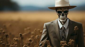 A mysterious figure stands out amongst a desolate field of dry flowers, wearing a sharp suit and fedora to make a fashionable statement, AI Generative photo