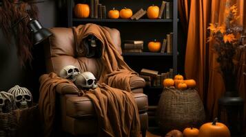 An eerie indoor shelf featuring a pumpkin-adorned chair adorned with skull carvings captures the mysterious spirit of halloween, AI Generative photo
