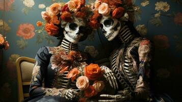 Two women wearing skeleton clothing and flowers, AI Generative photo