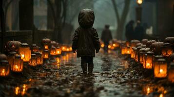 On a dark and eerie halloween night, a young child stands outside in the rain, illuminated only by a single candle and the light of the moon, AI Generative photo