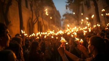 A group of people, illuminated by the warmth and light of their burning torches, stand united in the night, inspiring courage and strength, AI Generative photo