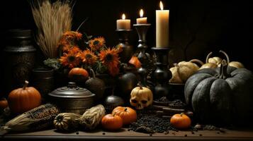 A table with pumpkins and candles, AI Generative photo