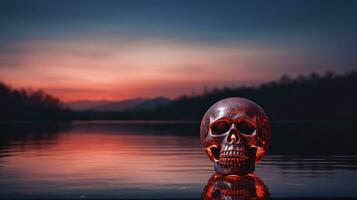 A fiery sunset casts an eerie reflection of a solitary skull on the calm surface of the lake, making the tranquil outdoor setting seem almost surreal, AI Generative photo