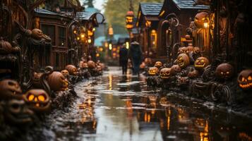 On a halloween night in the city, the water of the river reflects the lit pumpkins carved into the building facades, as people stroll the outdoor street, AI Generative photo