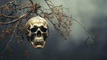 un inquietantemente hermosa cráneo encaramado encima un estéril árbol rama, sus vacío ojo enchufes mirando arriba a el vasto, abierto cielo, ai generativo foto