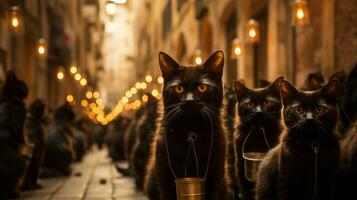 A group of black cats with a bucket on their neck, AI Generative photo