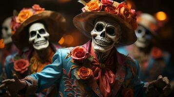 A surreal scene of horror and beauty, two skeletons adorned in clothing and masks of delicate flowers stand out against the darkness, AI Generative photo