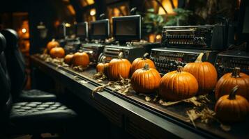 On a crisp autumn day, a vibrant display of pumpkins, squash, gourds, and calabazas come together to create a festive, welcoming atmosphere indoors for halloween, AI Generative photo