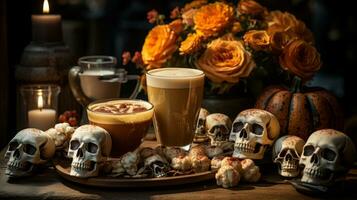 A tray of drinks with skulls and flowers, AI Generative photo