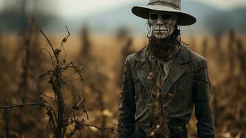 A skeleton stands in a grassy field, wearing an outdoor garment and a hat, while the sky stretches out above them like a vast, endless crop of possibility, AI Generative photo