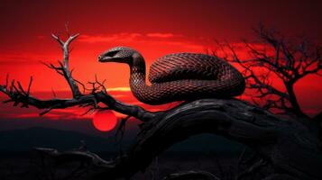 As the sun sets, a majestic reptile perched on a tree branch casts its silhouette against the bright sky, creating an awe-inspiring moment in nature, AI Generative photo