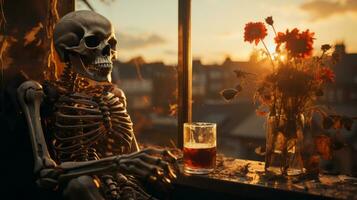 un esqueleto sentado en un ventana umbral con un vaso de líquido y flores, ai generativo foto