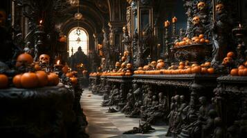 A candlelit halloween night reveals a stunning display of artful statues and vibrant pumpkins both indoors and outdoors, creating a magical atmosphere in the building and on the street, AI Generative photo