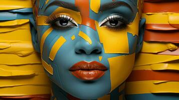 A captivating statue of a woman adorned with bright blue and yellow paint, her face alive with artful expression, invites viewers to explore a world of emotion and creativity, AI Generative photo