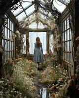 A woman stands gracefully in a vibrant greenhouse, her blue dress flowing among the colorful flowers that bloom both indoors and outdoors, AI Generative photo