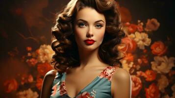 A stunning woman with wild, curly hair and bold red lipstick stands confidently in fashionable clothing, radiating beauty and style, AI Generative photo