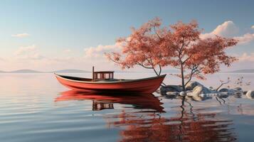 A brilliant red boat glides through the glassy water, reflecting the vast sky and majestic landscape of trees and clouds, AI Generative photo