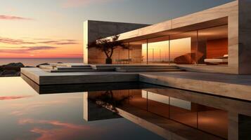 un brillante cielo, lleno de mullido nubes, refleja en el todavía piscina en frente de el magnífico arquitectura, como el creciente Dom yesos un pacífico resplandor terminado el lozano árbol, ai generativo foto