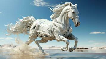 A majestic white stallion stands tall, its mane flowing wildly in the breeze as it runs through the crystal clear waters beneath a sky full of fluffy clouds, AI Generative photo