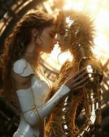 A woman and man in dazzling golden armor stand boldly outside, embracing the power of their personhood with every confident step, AI Generative photo