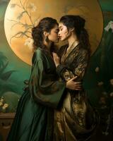 Two japan women in beautiful traditional clothing embrace lovingly, their kiss symbolizing the romance and love between them that transcends the walls of the room they are in, AI Generative photo