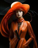 A stylish woman exudes confidence and grace as she stands out in an eye-catching orange dress and hat, AI Generative photo