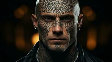 un hombre con atrevido, intrincado tatuajes adornando su cara soportes alto, su orgulloso retrato un declaración de valor y autoexpresión, ai generativo foto