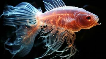 un colegio de vibrante, aleta larga pescado nadar mediante un mar de bioluminiscente Medusa, creando un deslumbrante y surrealista submarino Reino en el lo más hondo de el acuario, ai generativo foto