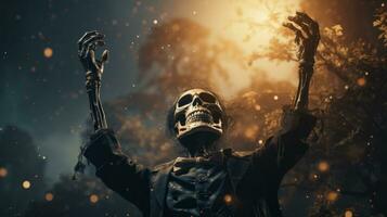 At a vibrant outdoor concert, a skeleton in a flowing garment dances wildly to the beat of the music, AI Generative photo